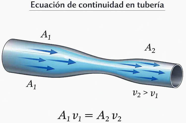 Tubería con una zona ancha de área A₁ y velocidad v₁, y una zona estrecha de área A₂ y velocidad v₂ mayor, ilustrando la ecuación de continuidad