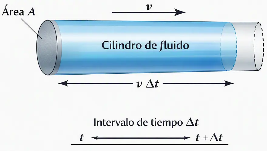 Cilindro de fluido de longitud v·Δt que se desplaza a través de una sección transversal de área A durante un intervalo de tiempo Δt