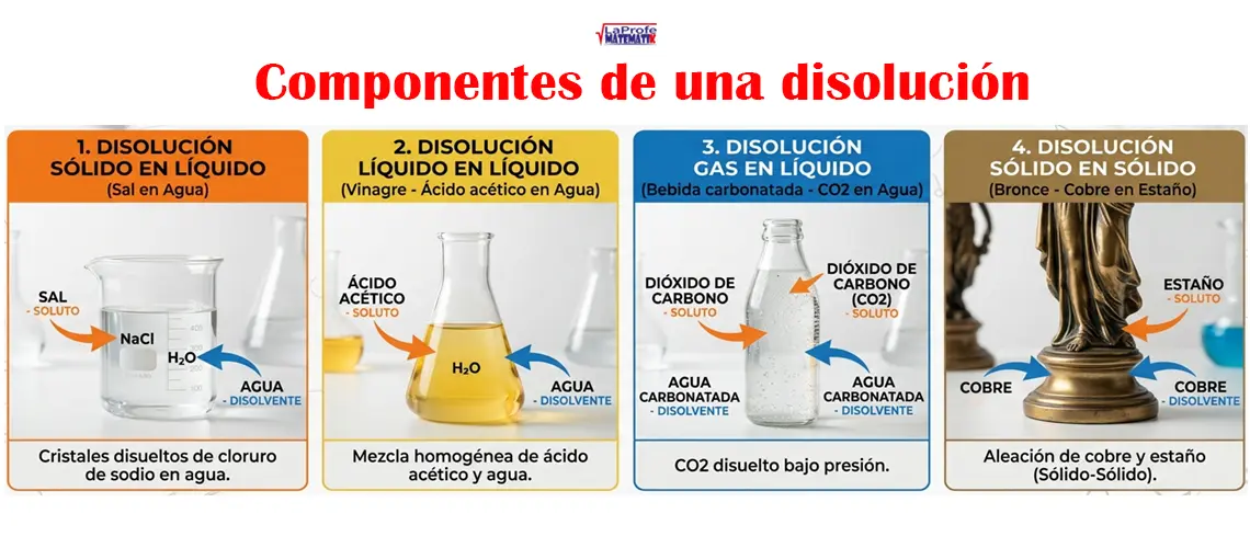 Cuatro disoluciones (agua con sal, refresco con gas, vinagre y latón) con su soluto y su disolvente señalados