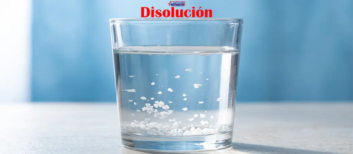 Fotografía limpia de un vaso transparente con agua sobre una mesa, mostrando partículas blancas de sal dispersas y disolviéndose en su interior sobre un fondo azul suave