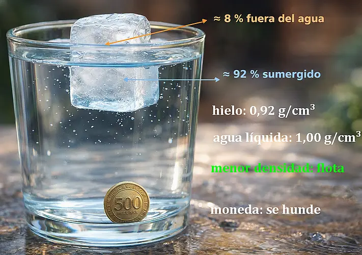 Vaso con agua en el que un cubito de hielo flota con un 8 % fuera del agua y una moneda hundida en el fondo
