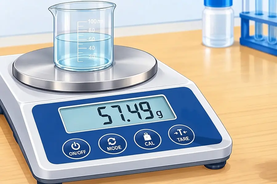 Un vaso de precipitado graduado, que contiene un líquido azul claro hasta la marca de 60 mL, está colocado sobre el plato circular de acero inoxidable. La pantalla digital de la balanza muestra claramente la lectura "57.49 g". Los botones de control (ON/OFF, MODE, CAL, TARE) son visibles. En el fondo desenfocado, se ven otros materiales de laboratorio