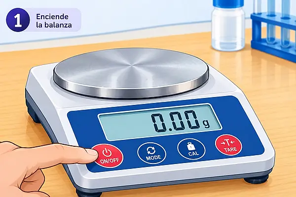 Balanza digital de laboratorio sobre una mesa de madera, con la pantalla mostrando 0.00 gramos, un dedo presionando el botón de encendido y el plato metálico vacío sin ningún recipiente encima
