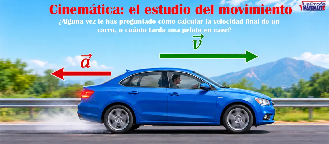 Ilustración de un vehículo frenando con vectores de velocidad y aceleración opuestos