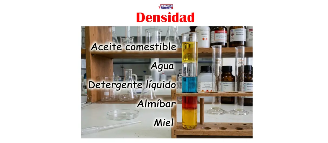 Fotografía en un laboratorio de química que muestra un tubo de ensayo con cinco capas de líquidos de distintos colores y densidades (aceite comestible, agua, detergente líquido, almíbar y miel), con sus correspondientes nombres etiquetados en español a la izquierda