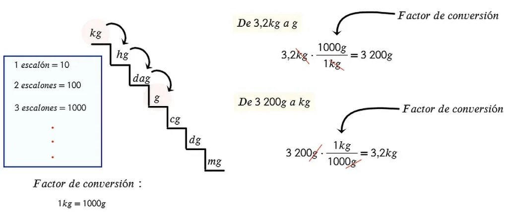 Diagrama educativo que muestra la escalera de unidades de masa (kg, hg, dag, g, cg, dg, mg) junto con un cuadro explicativo de equivalencias por escalón y dos ejemplos resueltos de conversión entre kilogramos y gramos usando factores de conversión