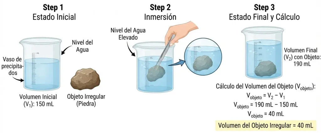 Infografía educativa de tres pasos que explica la determinación del volumen de un objeto irregular mediante el método de desplazamiento en un vaso de precipitados con agua, mostrando el volumen inicial, la inmersión de una piedra y el cálculo final de la diferencia de volumen