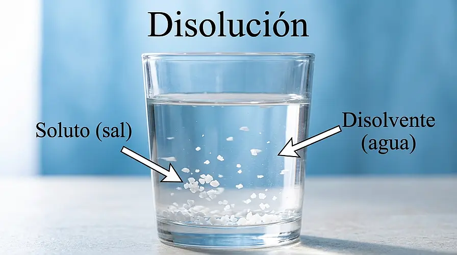 Fotografía explicativa de un vaso transparente con agua y granos de sal disolviéndose, con el título «Disolución» arriba y flechas con texto que señalan el «Soluto (sal)» y el «Disolventes (agua)»