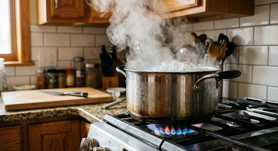 Una olla de acero inoxidable con agua hirviendo activamente sobre la llama azul de una estufa de gas en una cocina, liberando abundante vapor de agua en el aire.