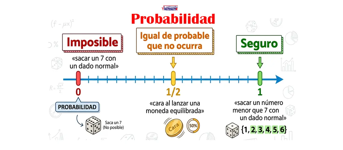 Escala horizontal de probabilidad de 0 a 1 con ejemplos: imposible, igual de probable y seguro