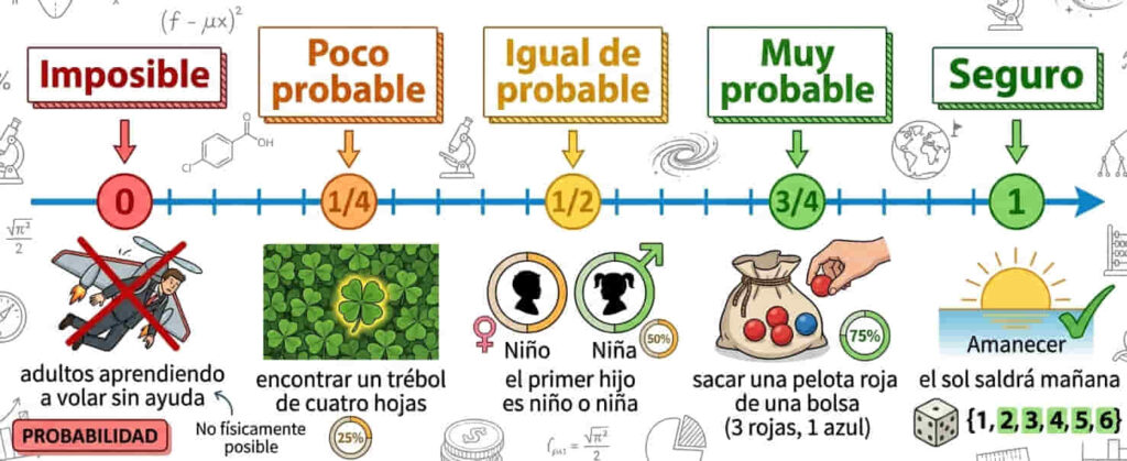 Infografía horizontal sobre la escala de probabilidad de 0 a 1. Muestra cinco puntos ordenados de izquierda a derecha: Imposible (0) con un hombre intentando volar sin ayuda; Poco probable (1/4) con un trébol de cuatro hojas; Igual de probable (1/2) con el nacimiento de niño o niña; Muy probable (3/4) con sacar una pelota roja de una bolsa que contiene 3 rojas y 1 azul; y Seguro (1) con la salida del sol al amanecer