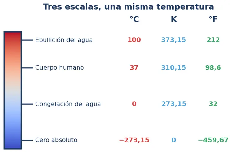Termómetro con cuatro puntos de referencia y sus valores en grados Celsius, kelvin y grados Fahrenheit