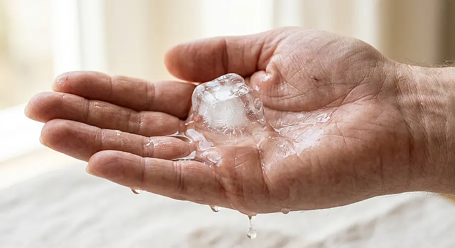 Cubito de hielo derritiéndose en la palma de una mano: ejemplo de cambio de estado de sólido a líquido
