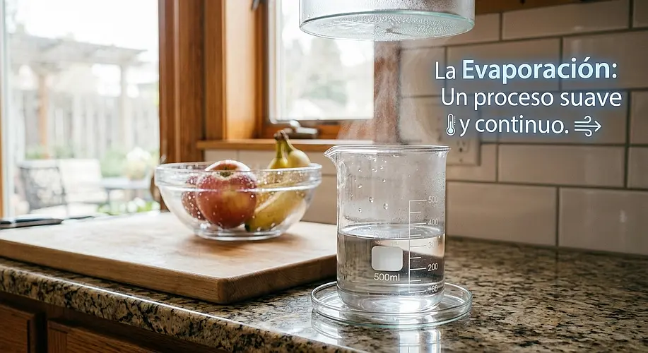 Recipiente de vidrio con agua tibia reposando sobre una encimera de cocina en un ambiente iluminado, mostrando un leve y suave hilo de vapor que se eleva únicamente desde la superficie superior del agua.