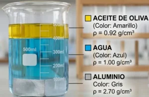 Experimento de laboratorio que muestra la separación por densidad de tres sustancias (aceite de oliva, agua y aluminio) dentro de un vaso de precipitados