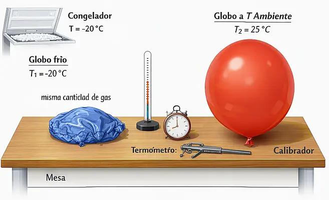 Globo arrugado junto a otro globo inflado normal sobre una mesa, tras sacar el primero del congelador