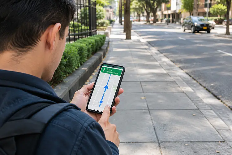 Persona en una esquina mirando el mapa de su teléfono, donde una flecha azul indica hacia dónde debe caminar
