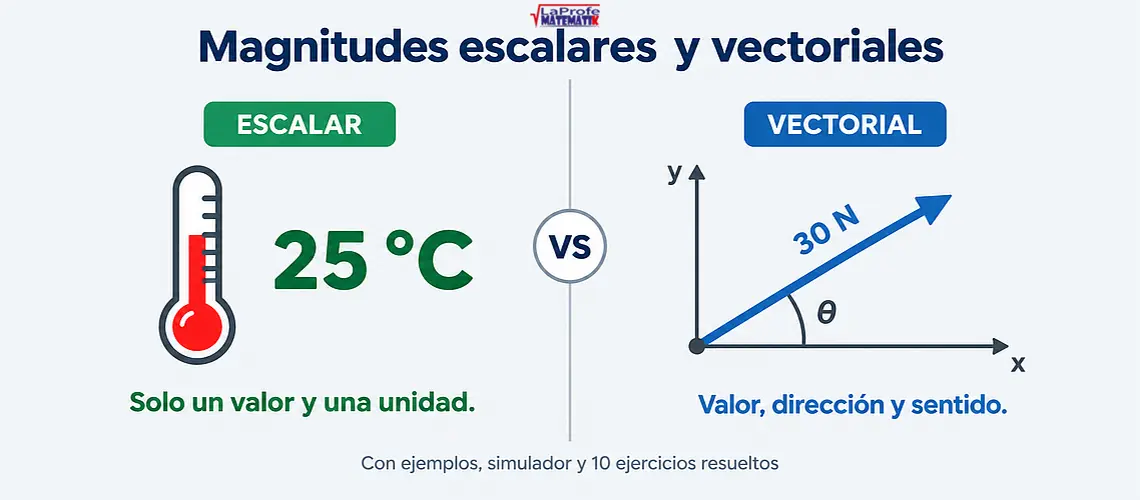 Comparación de una magnitud escalar (termómetro con 25 °C) y una vectorial (flecha de 30 N con ángulo en un plano)