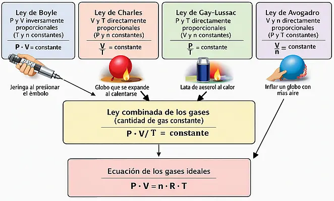 Mapa conceptual que conecta las cuatro leyes con la ley combinada y la ecuación de los gases ideales