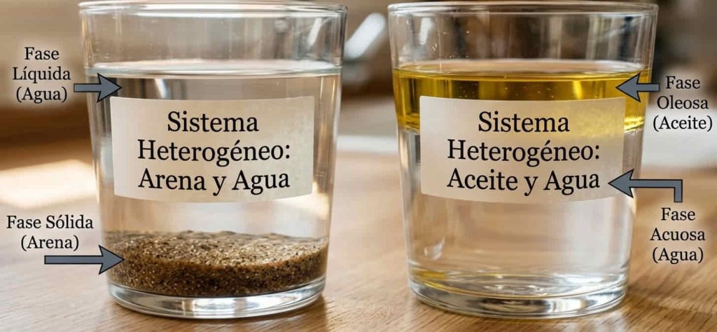 Esquema con dos vasos: uno con agua y arena depositada en el fondo y otro con aceite flotando sobre el agua, ambos con sus fases señaladas