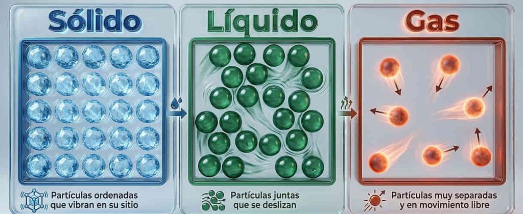 Esquema de tres recuadros: partículas del sólido ordenadas, del líquido juntas y desordenadas, y del gas muy separadas