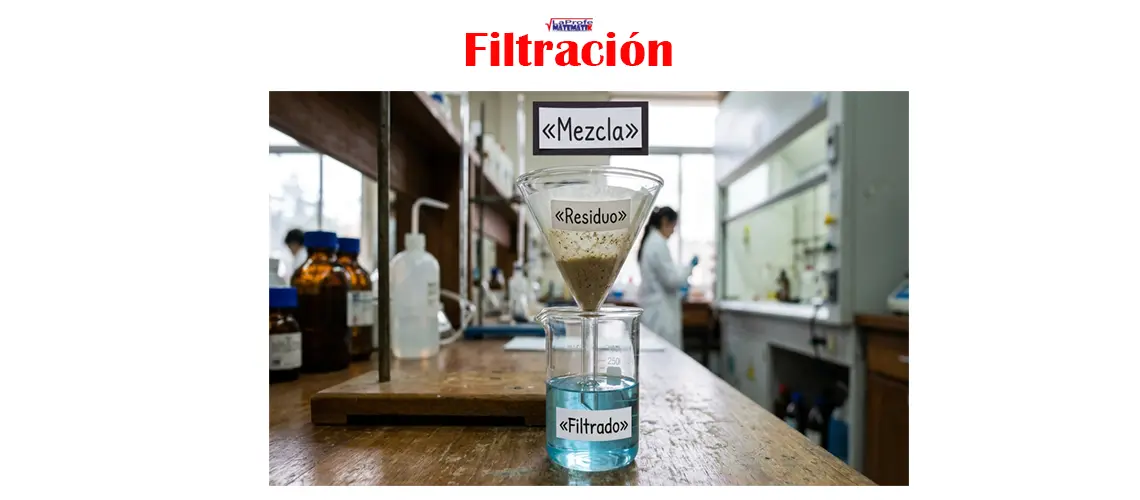 Una imagen de laboratorio que muestra un embudo con papel de filtro que contiene un residuo marrón etiquetado como "Mezcla" sobre un vaso de precipitados que atrapa un líquido azul etiquetado como "Filtrado", con una etiqueta sobre el embudo que dice "Mezcla"