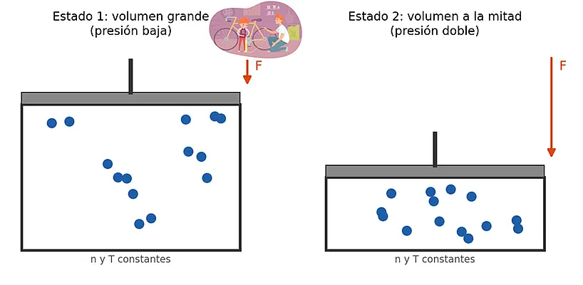 Dos cilindros con émbolo: con el volumen grande hay pocas colisiones por pared y con la mitad del volumen hay más