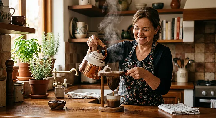 Mujer vertiendo agua caliente sobre un colador de tela con café molido para filtrarlo en una cocina rústica