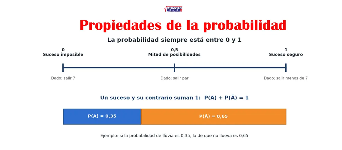 Recta de 0 a 1 con suceso imposible y seguro, y barra con P(A) = 0,35 y P(Ā) = 0,65 que suman 1.