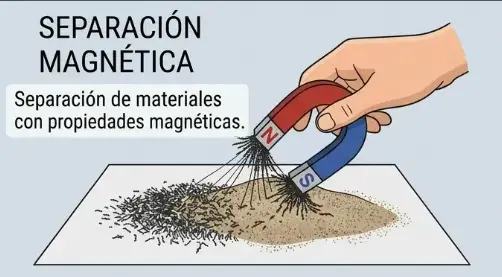 Mano sosteniendo un imán de herradura con polos N (rojo) y S (azul) que atrae limaduras de hierro de una mezcla con arena sobre una hoja blanca