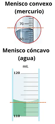 Diagrama comparativo que muestra dos tipos de meniscos en recipientes graduados: un menisco convexo característico del mercurio y un menisco cóncavo característico del agua, indicando la forma correcta de lectura con líneas discontinuas naranjas.